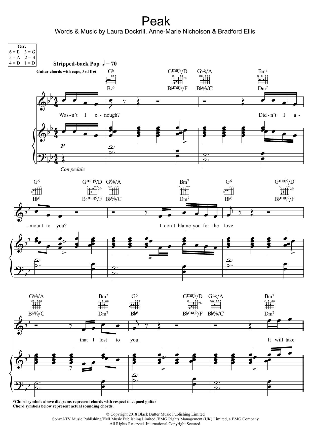 Learn to play Anne-Marie Peak sheet music for Piano, Vocal & Guitar Chords in minutes. Price: 7.8900$ Anne-Marie Peak sheet music notes and chords arranged for Piano, Vocal & Guitar Chords