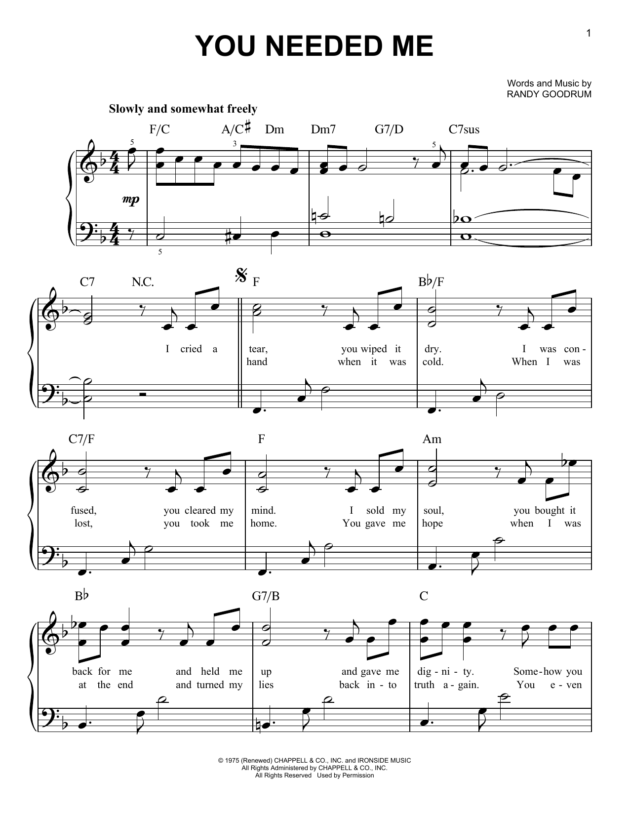 Anne Murray You Needed Me sheet music notes and chords. Download Printable PDF.