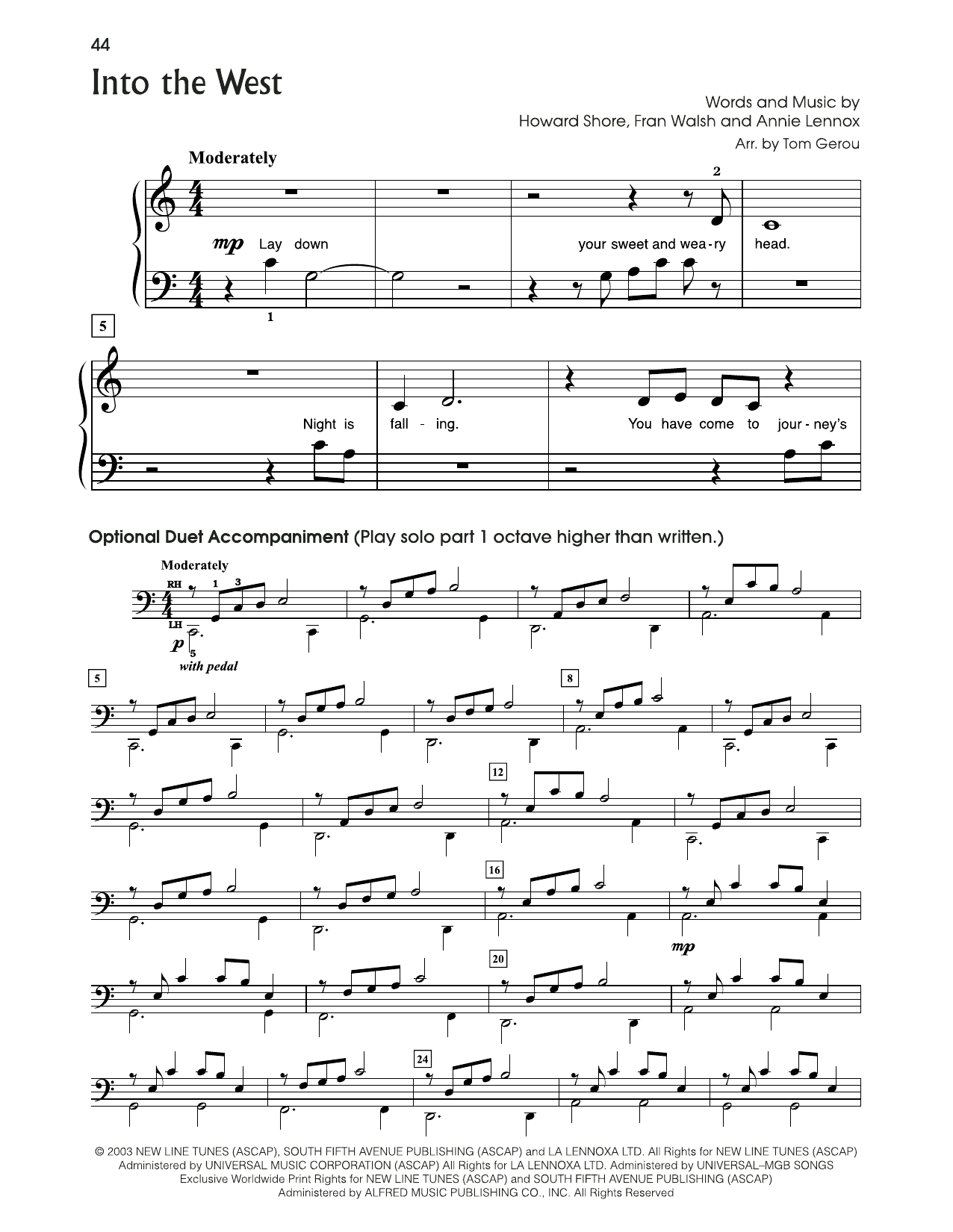 Annie Lennox Into The West (from The Lord Of The Rings) (arr. Tom Gerou) sheet music notes and chords. Download Printable PDF.