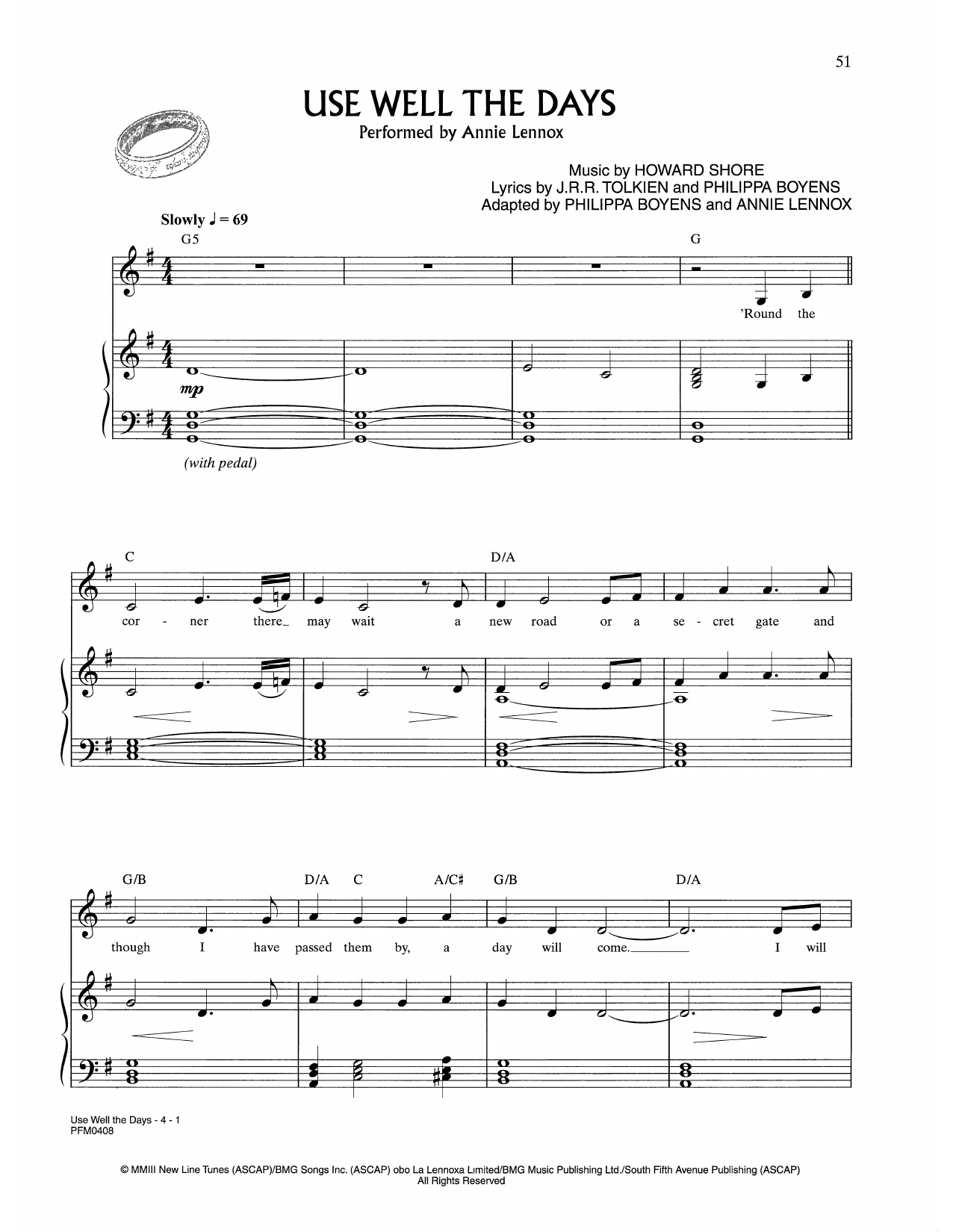 Annie Lennox Use Well The Days (from Lord Of The Rings) sheet music notes and chords. Download Printable PDF.