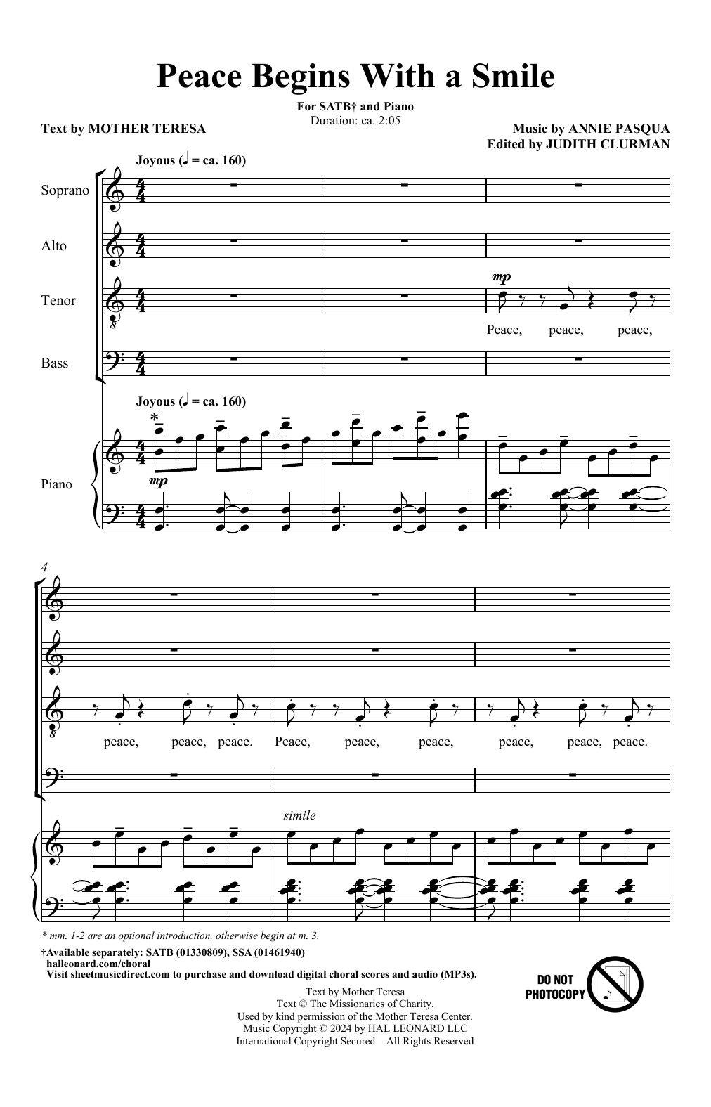 Annie Pasqua Peace Begins With A Smile sheet music notes and chords. Download Printable PDF.