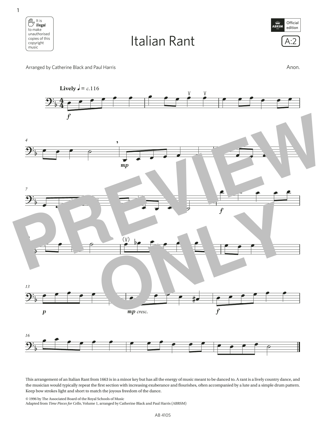 Anon. Italian Rant (Grade 2, A2, from the ABRSM Cello Syllabus from 2024) sheet music notes and chords. Download Printable PDF.