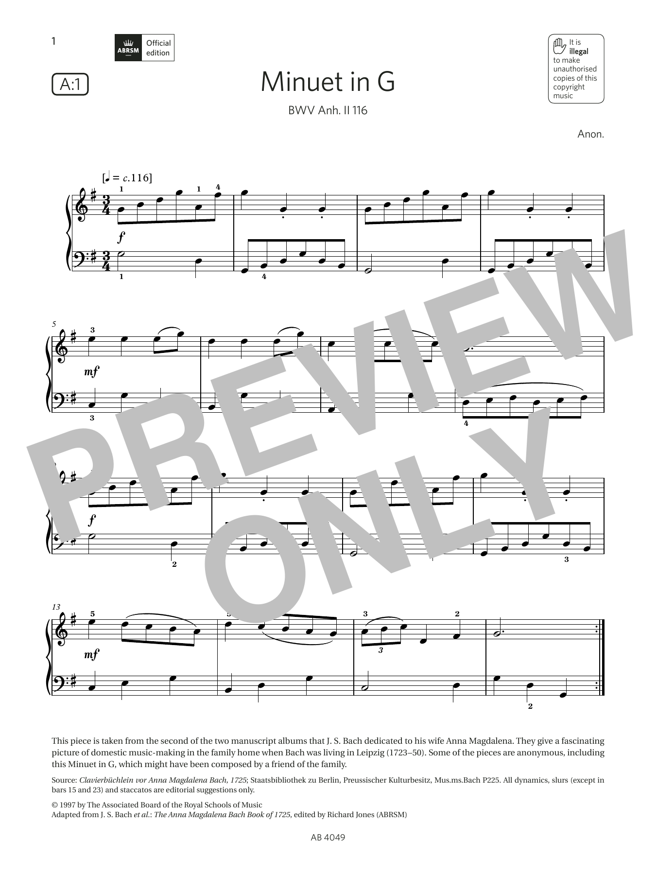 Anon Minuet in G (Grade 3, list A1, from the ABRSM Piano Syllabus 2023 & 2024) sheet music notes and chords arranged for Piano Solo