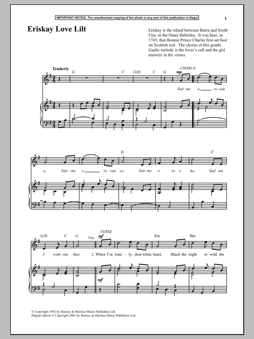 Learn to play Anonymous Eriskay Love Lilt sheet music for Piano & Vocal in minutes. Price: 6.9900$ Anonymous Eriskay Love Lilt sheet music notes and chords arranged for Piano & Vocal