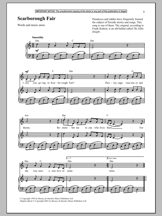 Learn to play Anonymous Scarborough Fair sheet music for Piano & Vocal in minutes. Price: 6.9900$ Anonymous Scarborough Fair sheet music notes and chords arranged for Piano & Vocal