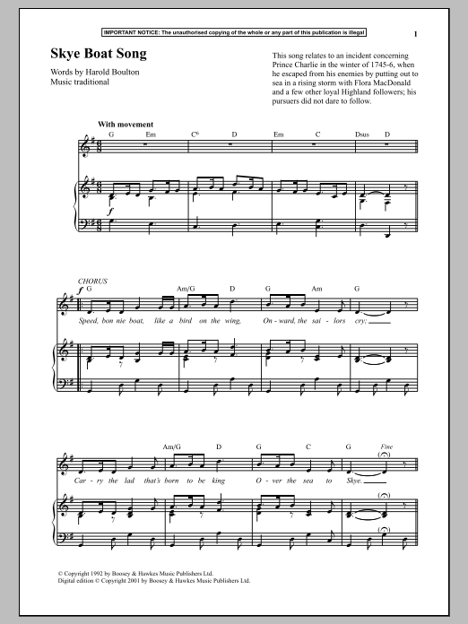 Learn to play Anonymous Skye Boat Song sheet music for Piano & Vocal in minutes. Price: 6.9900$ Anonymous Skye Boat Song sheet music notes and chords arranged for Piano & Vocal