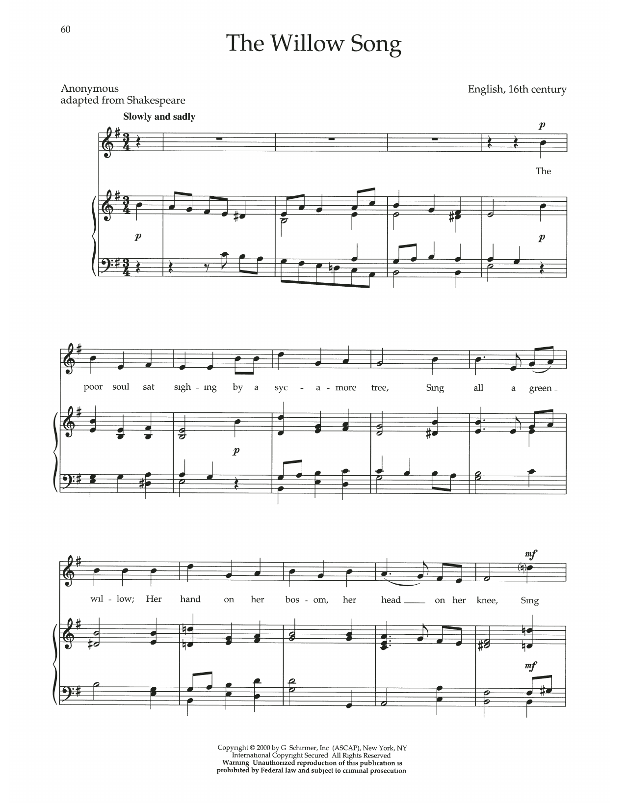 Anonymous The Willow Song sheet music notes and chords arranged for Piano & Vocal