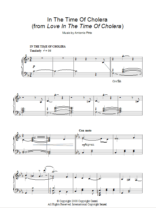 Antonio Pinto In The Time Of Cholera (from Love In The Time Of Cholera) sheet music notes and chords arranged for Piano Solo