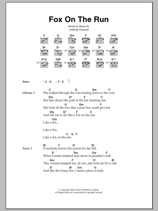 Manfred Mann Fox On The Run sheet music notes and chords. Download Printable PDF.