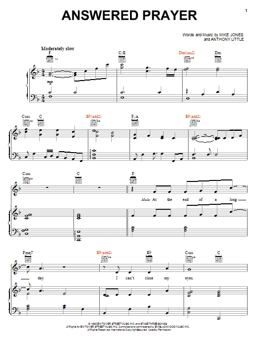 Learn to play Anthony Little Answered Prayer sheet music for Piano, Vocal & Guitar Chords (Right-Hand Melody) in minutes. Price: 7.8900$ Anthony Little Answered Prayer sheet music notes and chords arranged for Piano, Vocal & Guitar Chords (Right-Hand Melody)