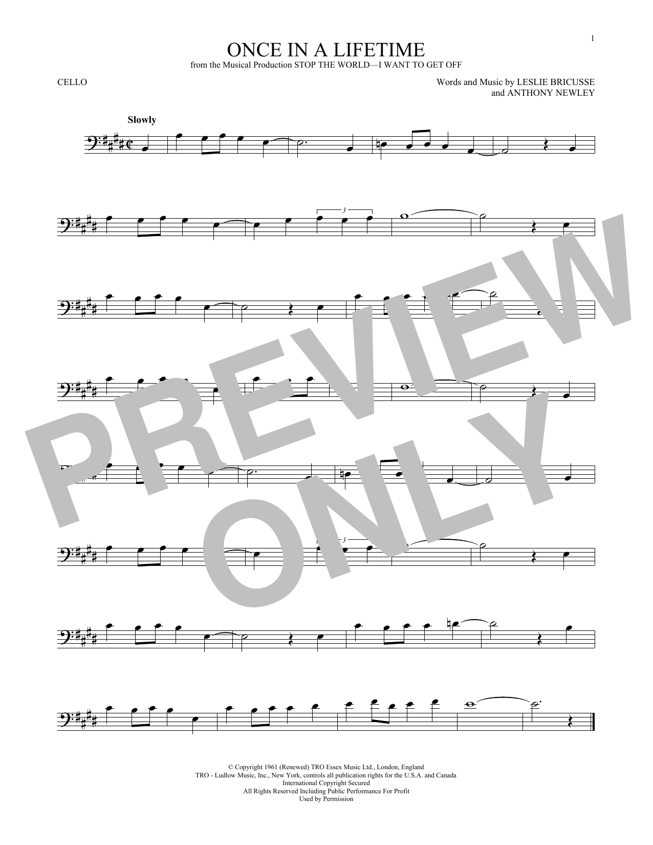Anthony Newley Once In A Lifetime sheet music notes and chords arranged for Cello Solo
