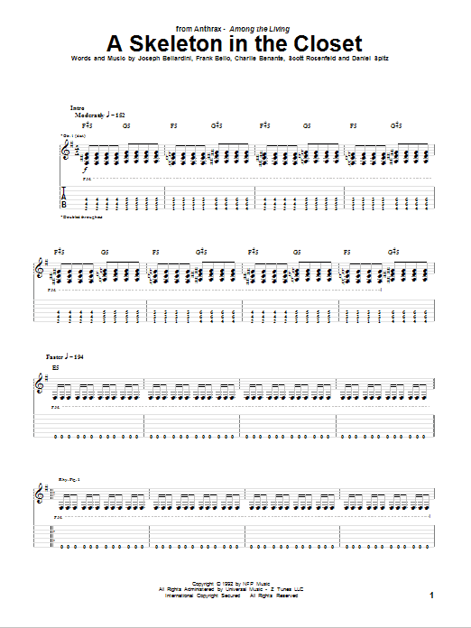 Learn to play Anthrax A Skeleton In The Closet sheet music for Guitar Tab in minutes. Price: 7.8900$ Anthrax A Skeleton In The Closet sheet music notes and chords arranged for Guitar Tab