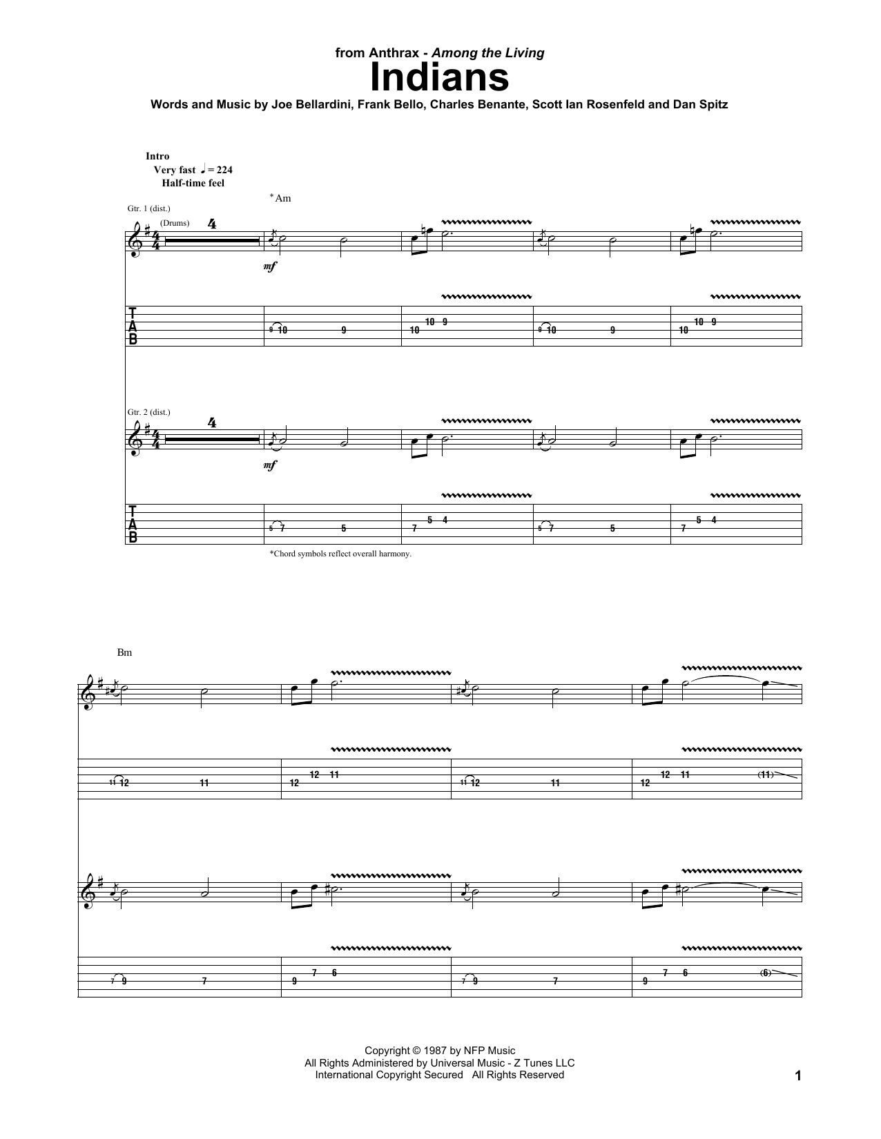 Anthrax Indians sheet music notes and chords. Download Printable PDF.