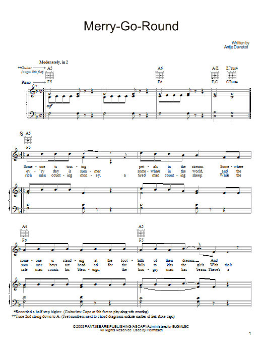 Learn to play Antje Duvekot Merry-Go-Round sheet music for Piano, Vocal & Guitar Chords (Right-Hand Melody) in minutes. Price: 7.8900$ Antje Duvekot Merry-Go-Round sheet music notes and chords arranged for Piano, Vocal & Guitar Chords (Right-Hand Melody)