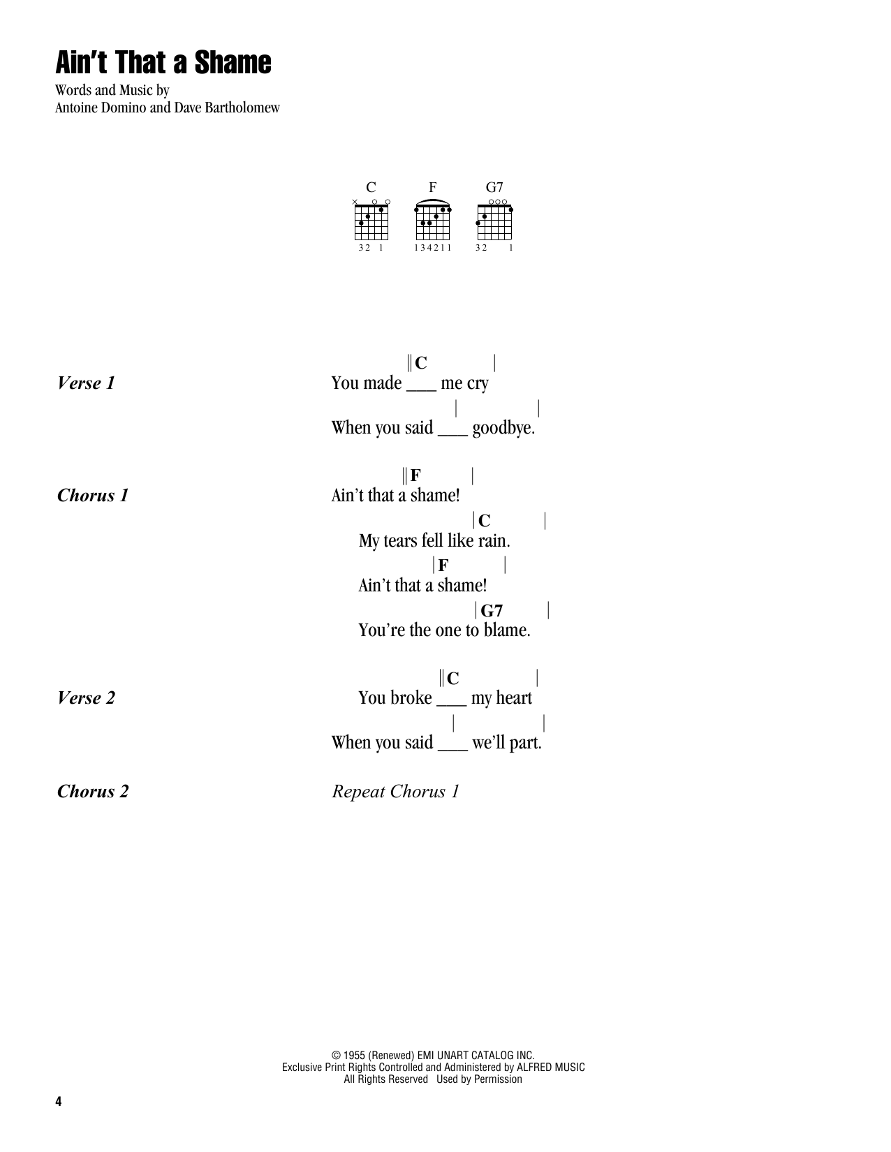 Antoine Domino Ain't That A Shame sheet music notes and chords. Download Printable PDF.