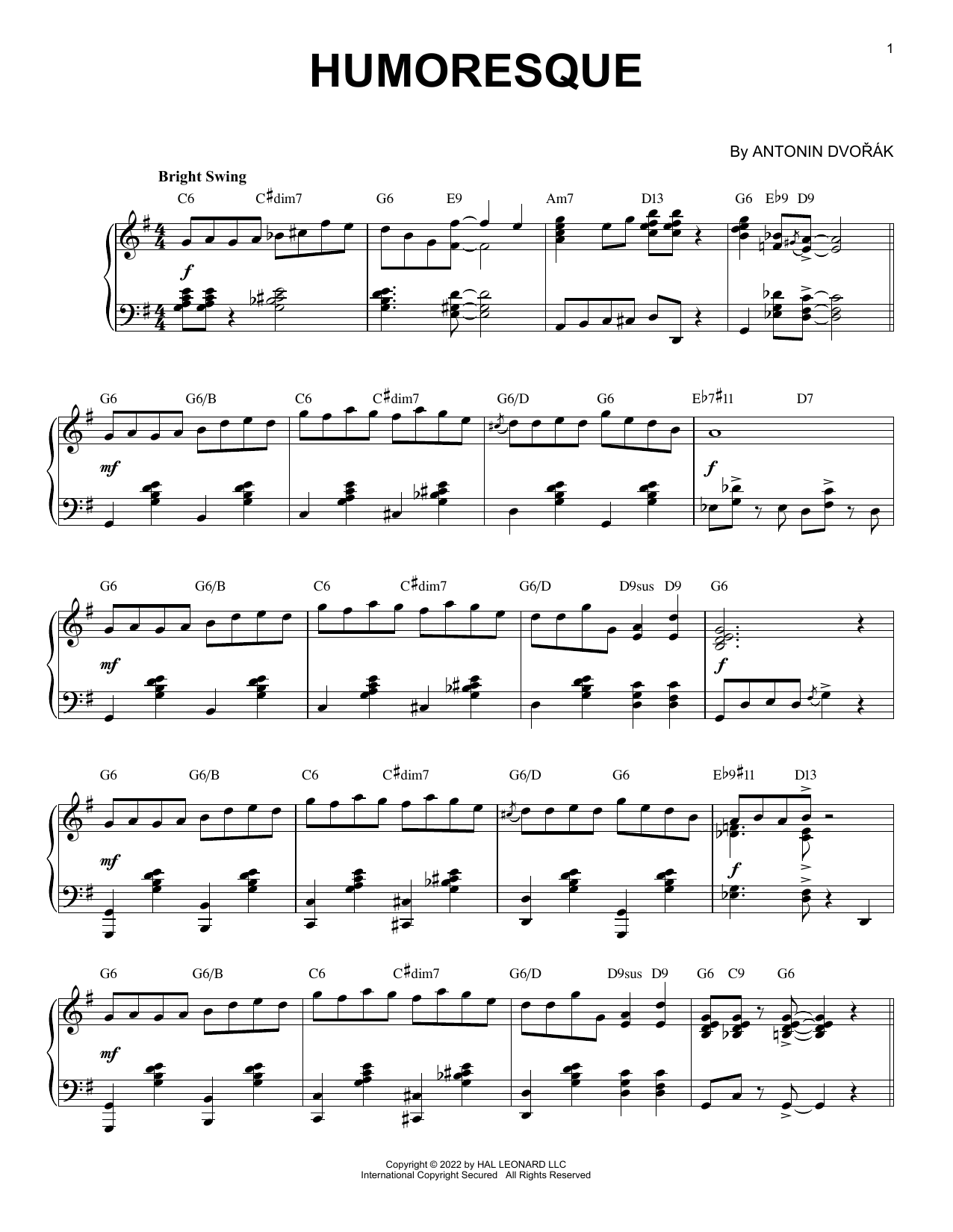 Anton Dvorak Humoresque [Jazz version] (arr. Brent Edstrom) sheet music notes and chords. Download Printable PDF.