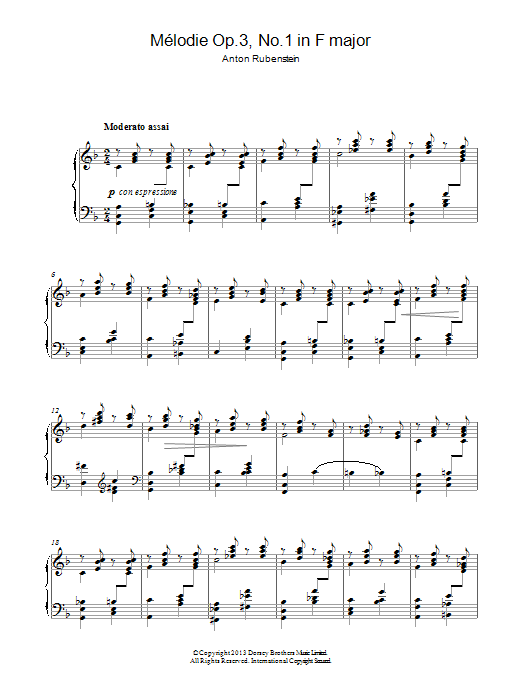 Learn to play Anton Rubenstein Mélodie In F Major Op.3 No.1 sheet music for Piano Solo in minutes. Price: 7.8900$ Anton Rubenstein Mélodie In F Major Op.3 No.1 sheet music notes and chords arranged for Piano Solo