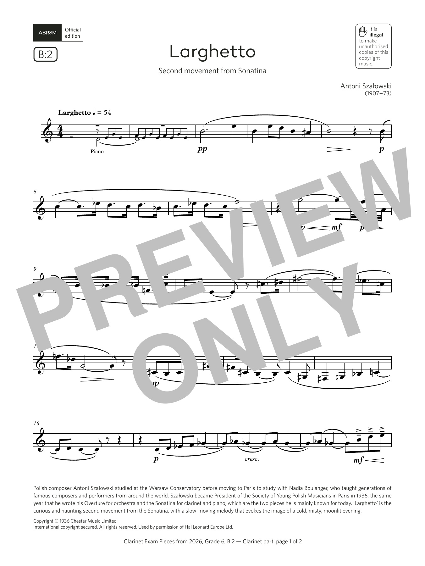 Antoni Szalowski Larghetto (Grade 6, list B2, from the ABRSM Clarinet Syllabus from 2026) sheet music notes and chords arranged for Clarinet Solo