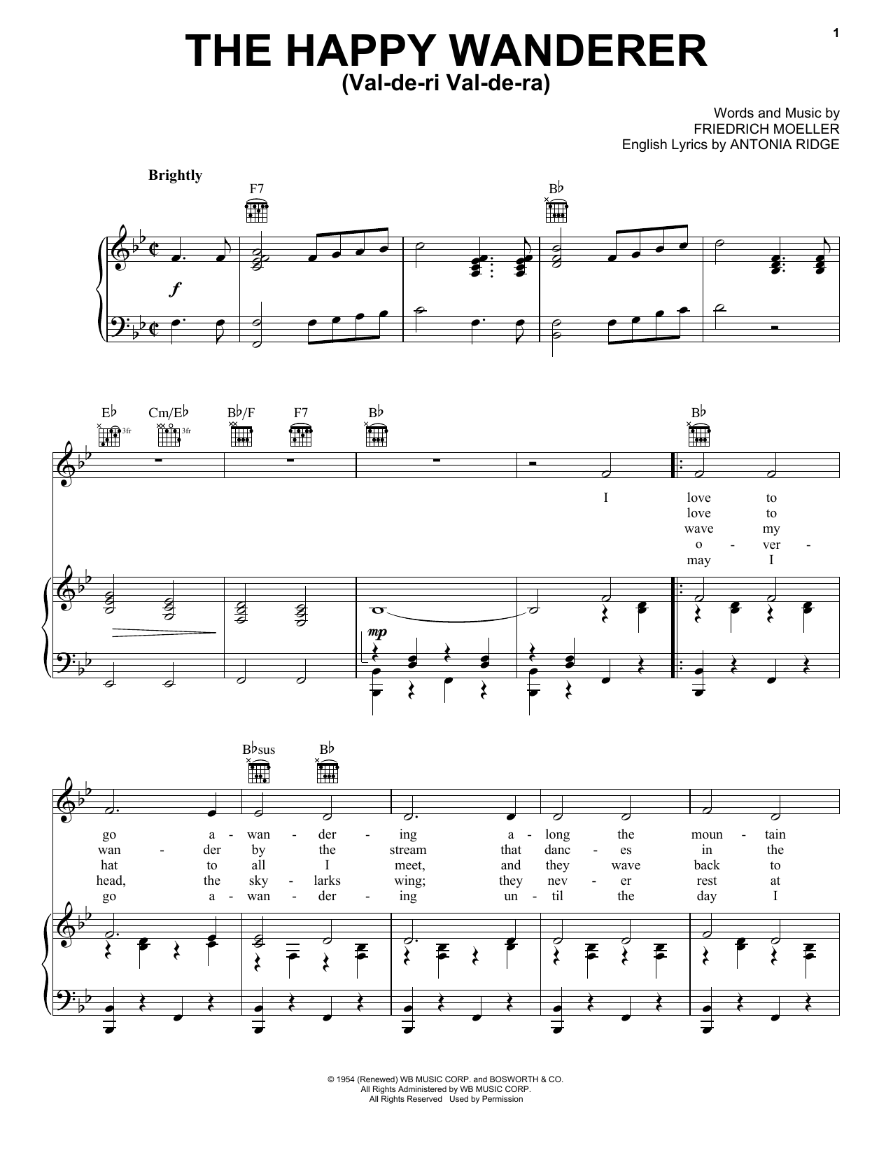 Friedrich W. Moller The Happy Wanderer (Val-De-Ri, Val-De-Ra) sheet music notes and chords arranged for Piano, Vocal & Guitar Chords (Right-Hand Melody)