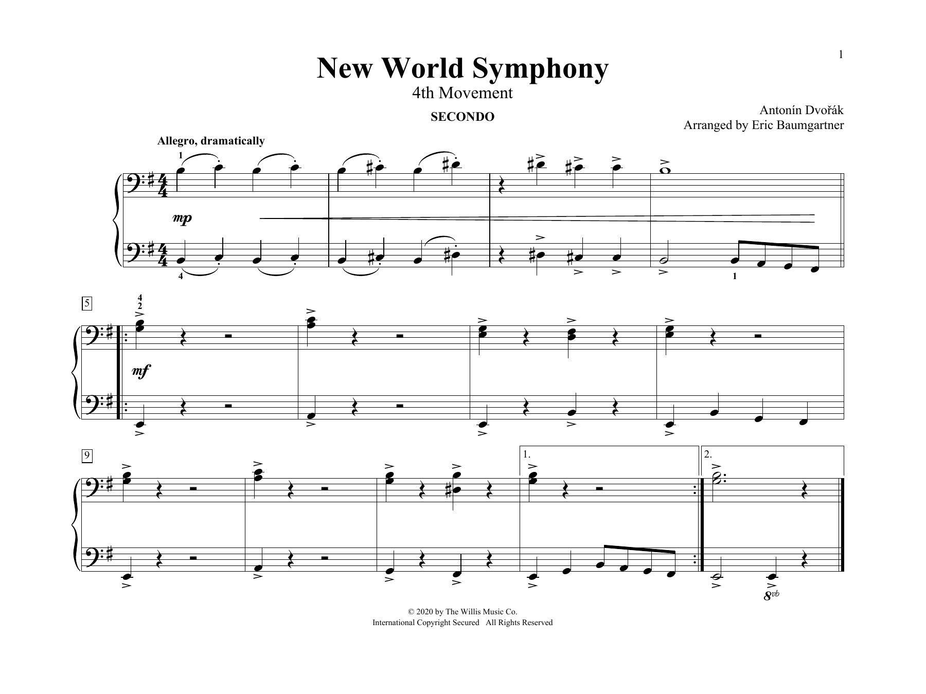 Learn to play Antonín Dvoøák New World Symphony (4th Movement) (arr. Eric Baumgartner) sheet music for Piano Duet in minutes. Price: 7.8900$ Antonín Dvoøák New World Symphony (4th Movement) (arr. Eric Baumgartner) sheet music notes and chords arranged for Piano Duet