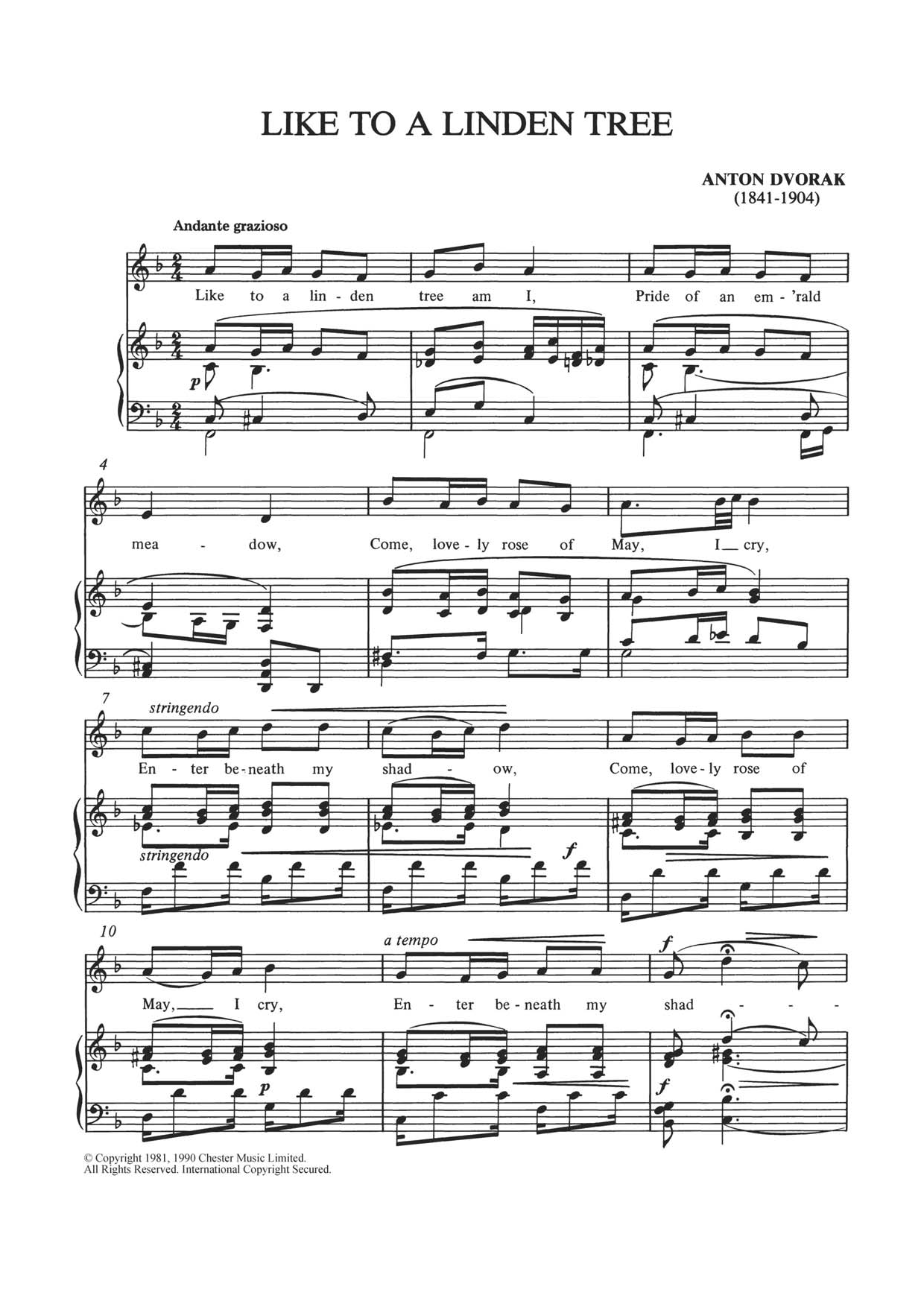 Learn to play Antonin Dvorak Like To A Linden Tree sheet music for Piano & Vocal in minutes. Price: 7.8900$ Antonin Dvorak Like To A Linden Tree sheet music notes and chords arranged for Piano & Vocal