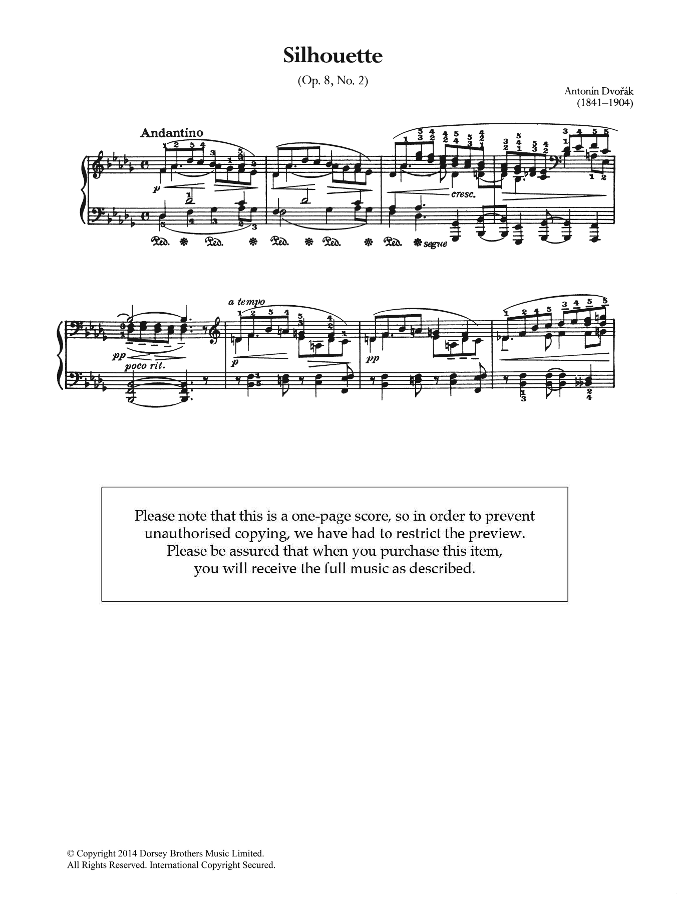 Learn to play Antonin Dvorak Silhouette, Op.8 No.2 sheet music for Piano Solo in minutes. Price: 7.8900$ Antonin Dvorak Silhouette, Op.8 No.2 sheet music notes and chords arranged for Piano Solo