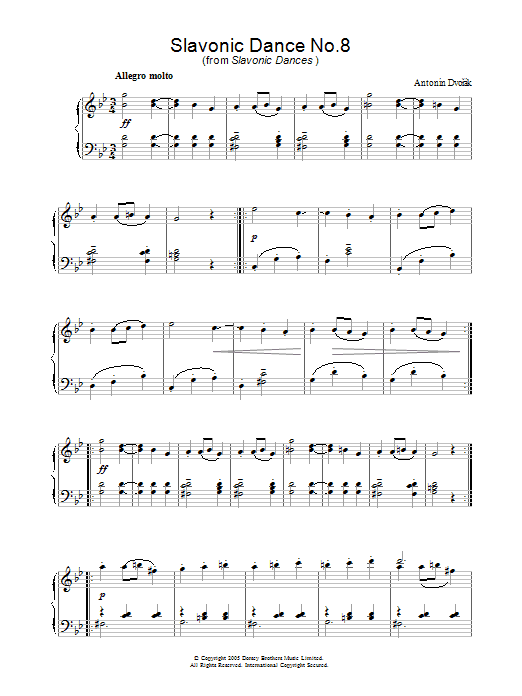 Learn to play Antonin Dvorak Slavonic Dance No.8 sheet music for Piano Solo in minutes. Price: 7.8900$ Antonin Dvorak Slavonic Dance No.8 sheet music notes and chords arranged for Piano Solo
