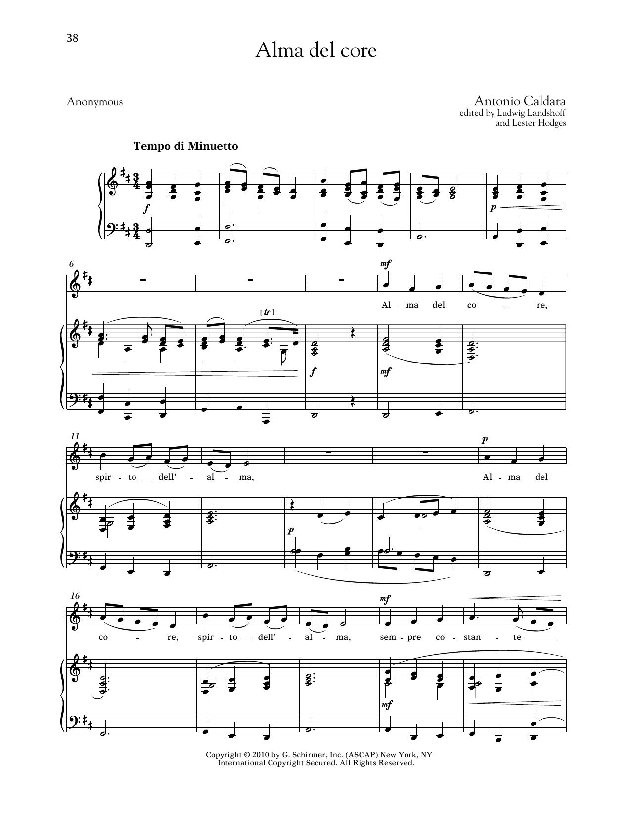 Antonio Caldara Alma Del Core (Low Voice) sheet music notes and chords arranged for Piano & Vocal