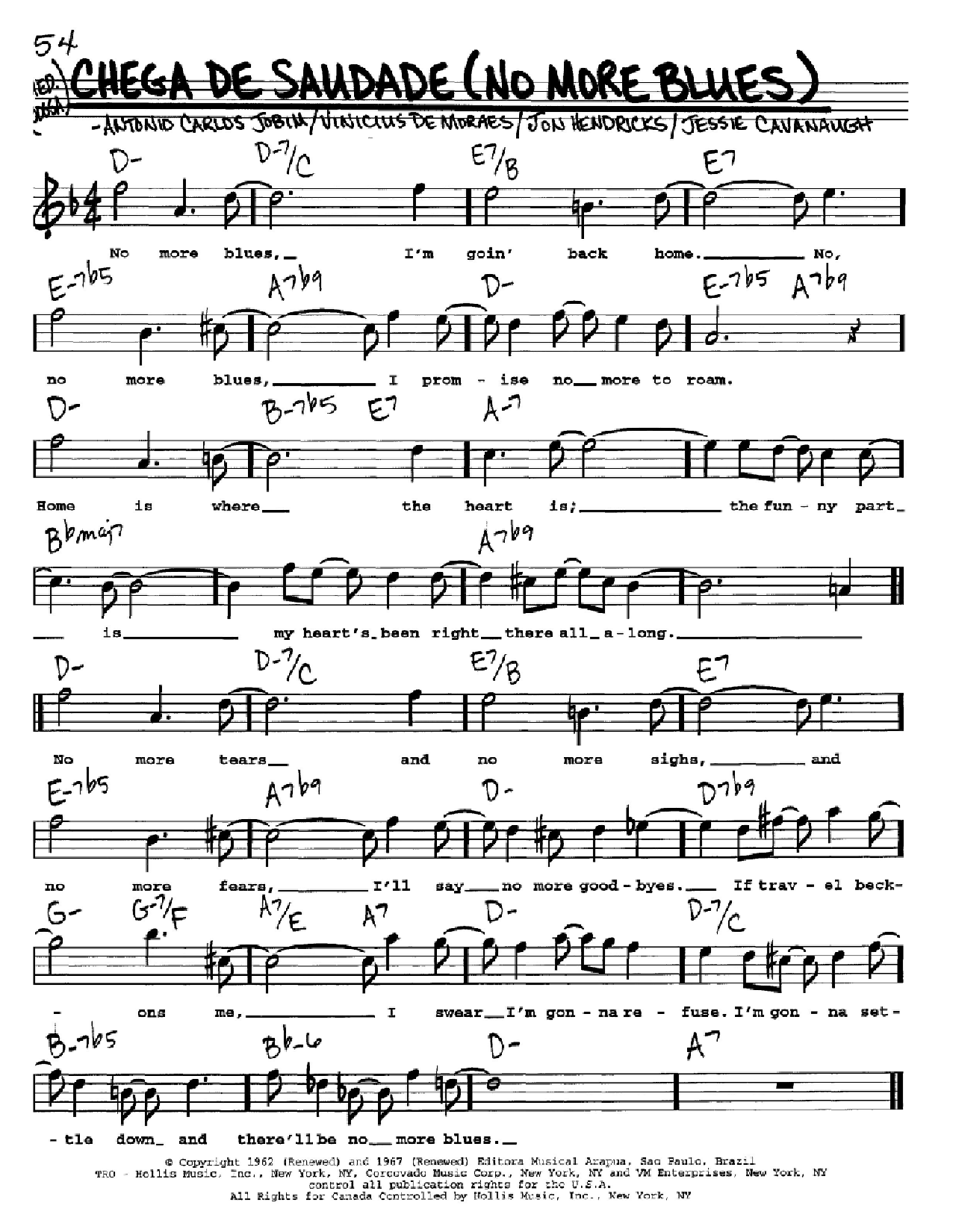 Antonio Carlos Jobim Chega De Saudade (No More Blues) sheet music notes and chords. Download Printable PDF.