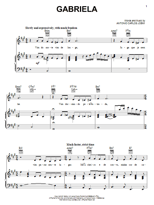 Learn to play Antonio Carlos Jobim Gabriela sheet music for Piano, Vocal & Guitar Chords (Right-Hand Melody) in minutes. Price: 7.8900$ Antonio Carlos Jobim Gabriela sheet music notes and chords arranged for Piano, Vocal & Guitar Chords (Right-Hand Melody)