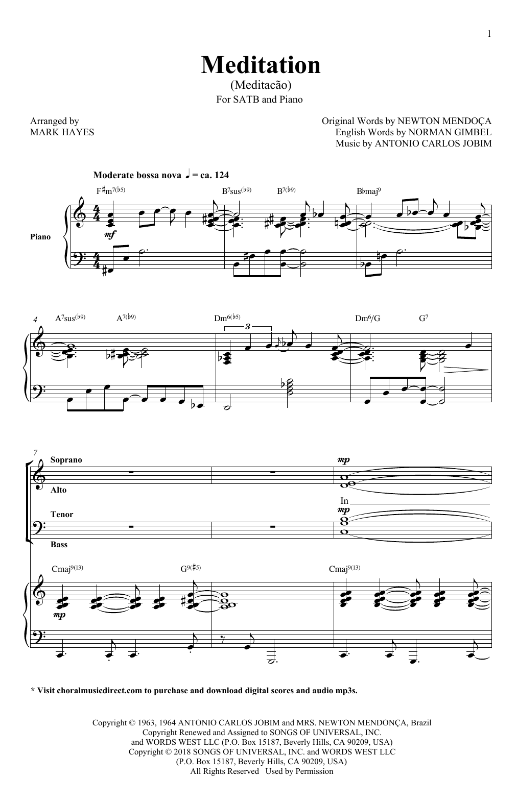 Learn to play Antonio Carlos Jobim Meditation (Meditacao) (arr. Mark Hayes) sheet music for SATB Choir in minutes. Price: 3.9900$ Antonio Carlos Jobim Meditation (Meditacao) (arr. Mark Hayes) sheet music notes and chords arranged for SATB Choir