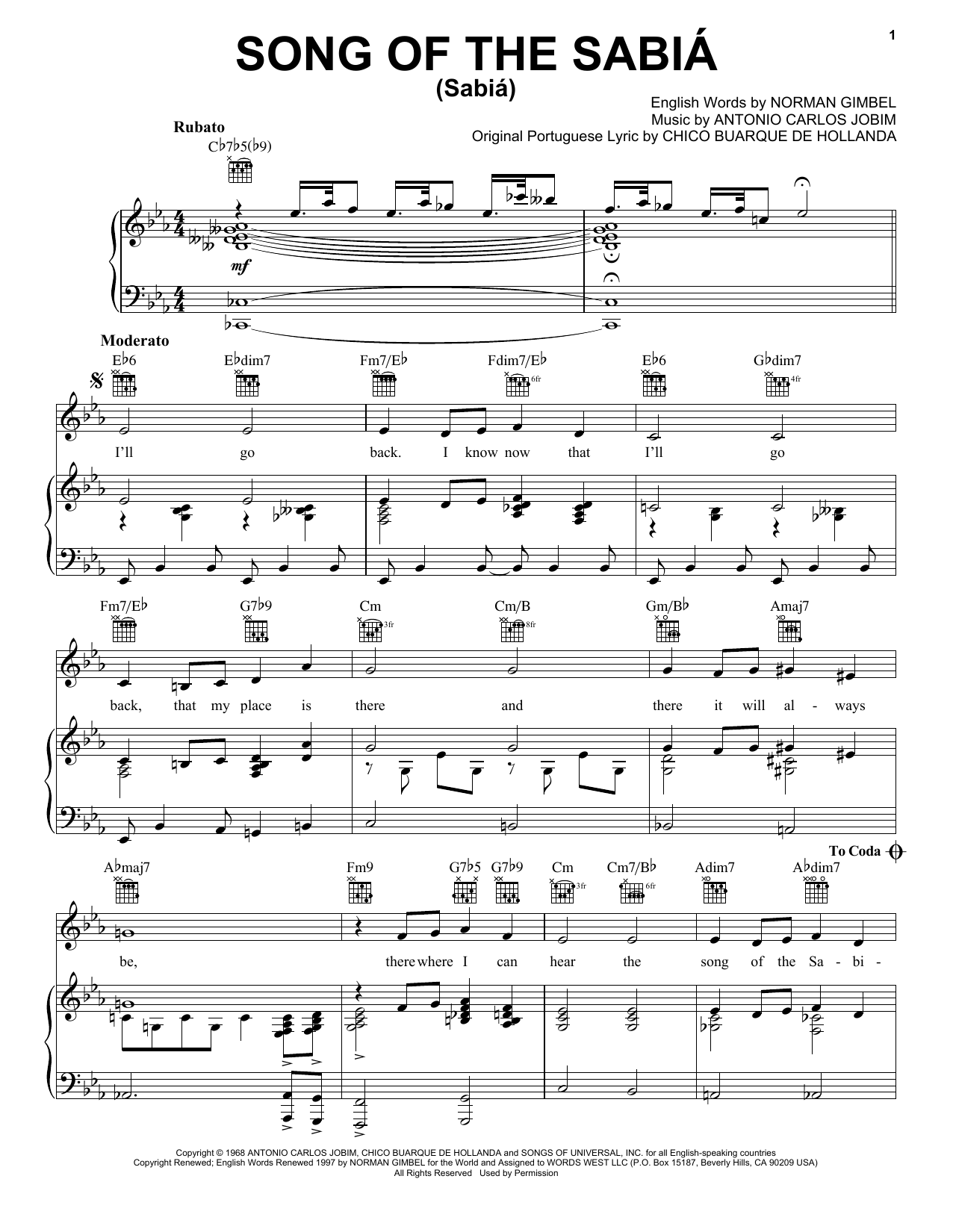 Antonio Carlos Jobim Song Of The Sabia (Sabia) sheet music notes and chords. Download Printable PDF.