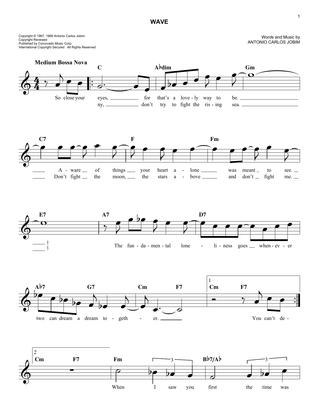 Antonio Carlos Jobim Wave sheet music notes and chords. Download Printable PDF.