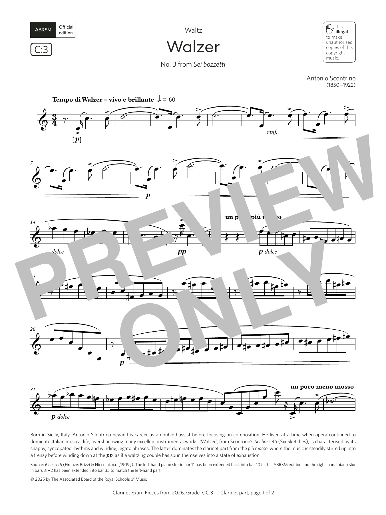 Learn to play Antonio Scontrino Walzer (Grade 7, list C3, from the ABRSM Clarinet Syllabus from 2026) sheet music for Clarinet Solo in minutes. Price: 6.9900$ Antonio Scontrino Walzer (Grade 7, list C3, from the ABRSM Clarinet Syllabus from 2026) sheet music notes and chords arranged for Clarinet Solo