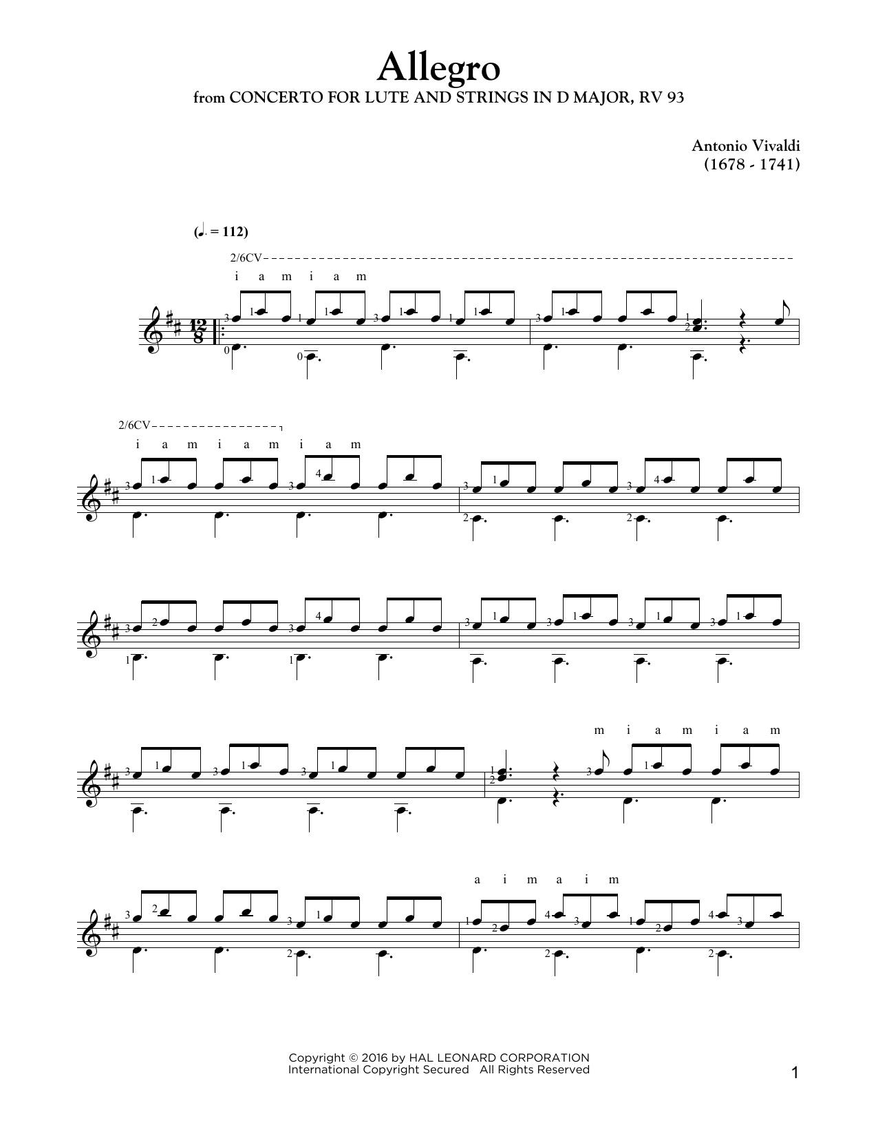 Antonio Vivaldi Allegro (from Concerto for Lute and Strings in D Major, RV 93) sheet music notes and chords. Download Printable PDF.