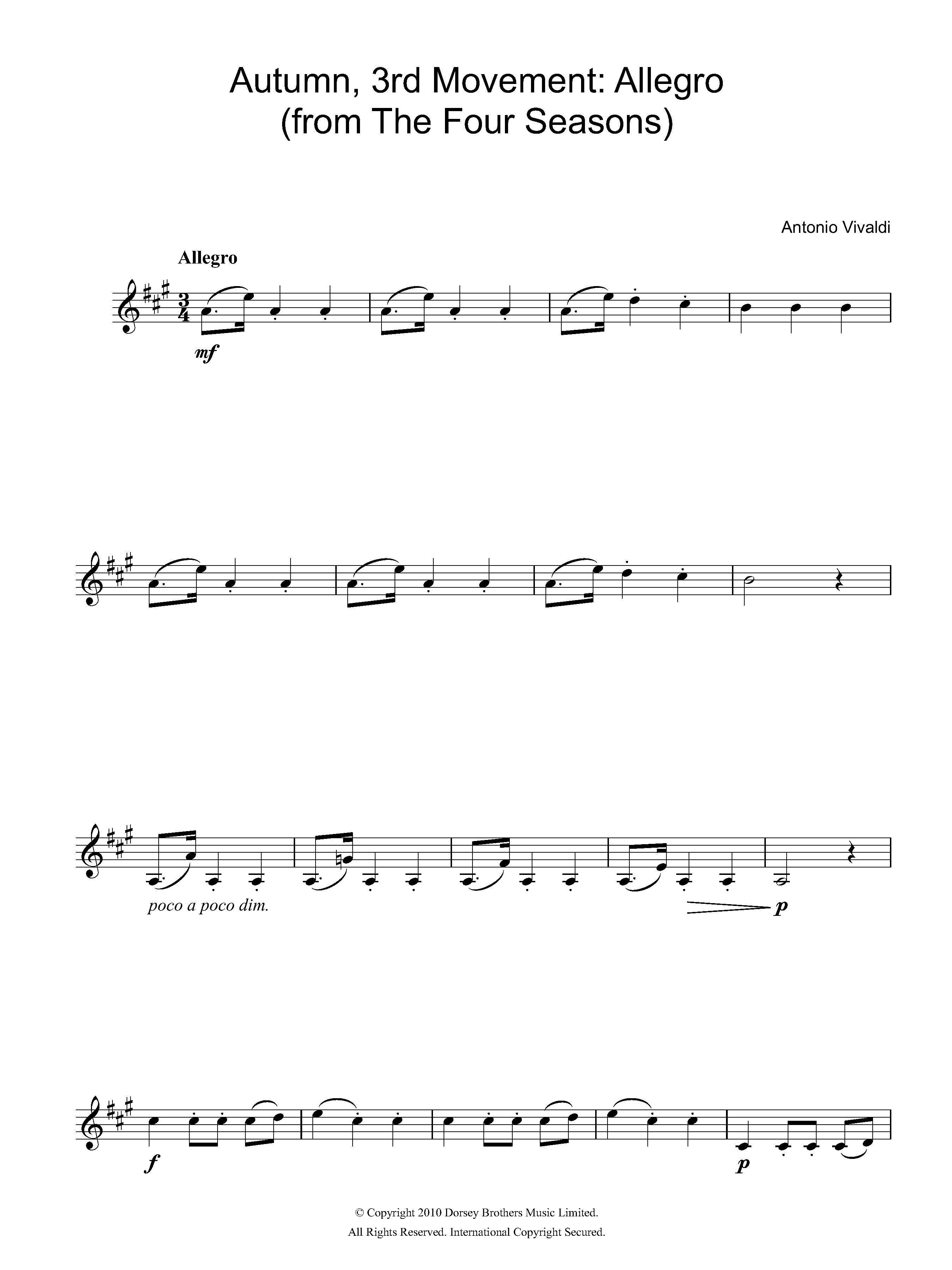 Antonio Vivaldi Autumn (from The Four Seasons) sheet music notes and chords. Download Printable PDF.