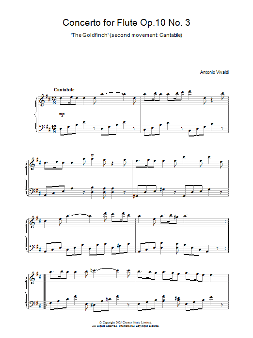 Antonio Vivaldi Concerto for Flute Op.10, No.3 ‘The Goldfinch' (2nd Movement: Cantabile) sheet music notes and chords arranged for Piano Solo