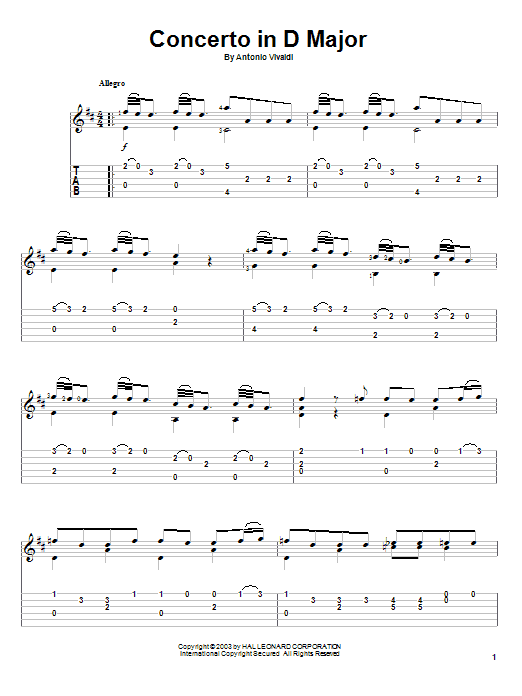 Antonio Vivaldi Concerto In D Major sheet music notes and chords. Download Printable PDF.