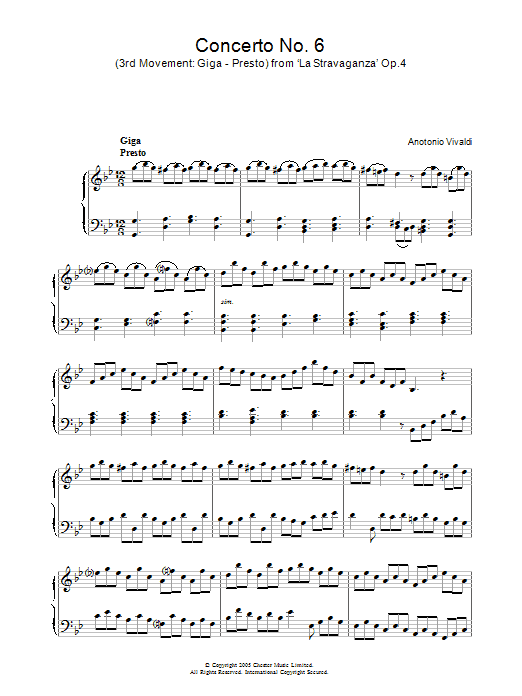 Antonio Vivaldi Concerto No.6 (3rd Movement: Giga, Presto) from ‘La Stravaganza' Op.4 sheet music notes and chords arranged for Piano Solo