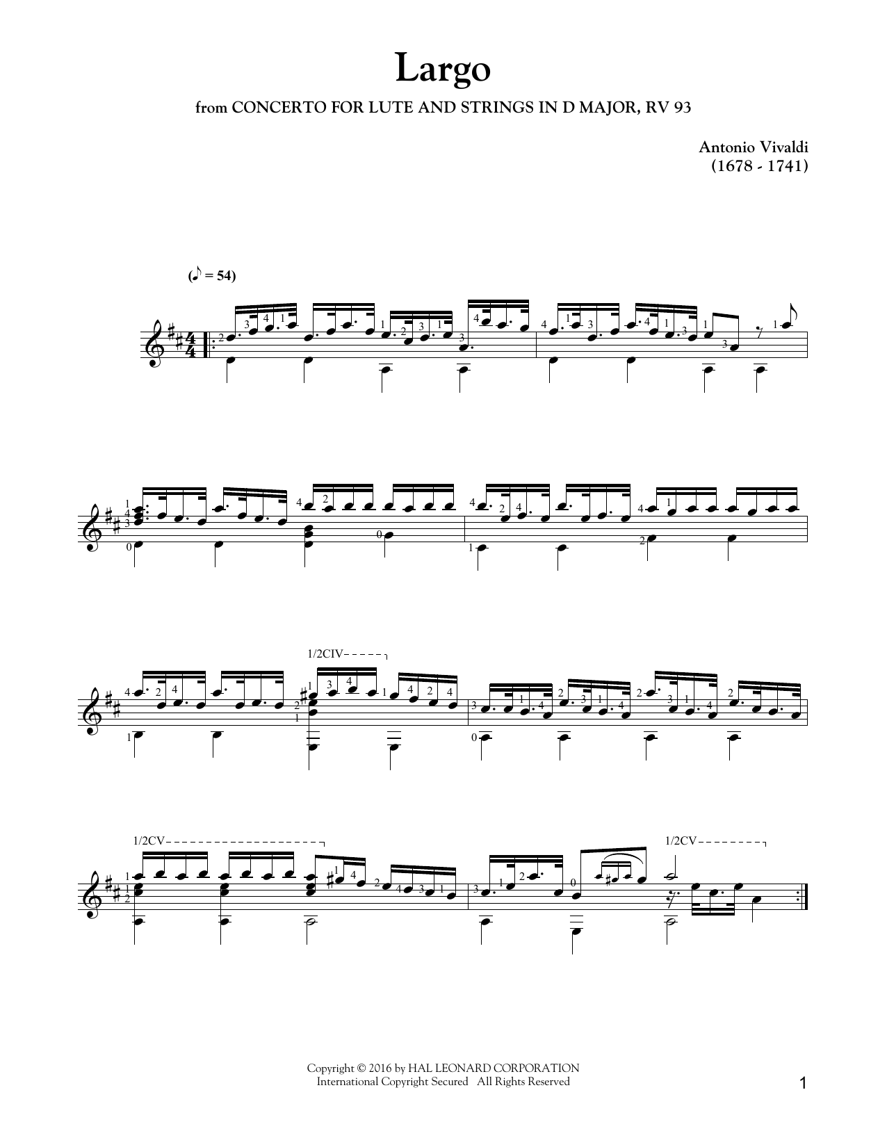 Antonio Vivaldi Largo (from Concerto for Lute and Strings in D Major, RV 93) sheet music notes and chords. Download Printable PDF.