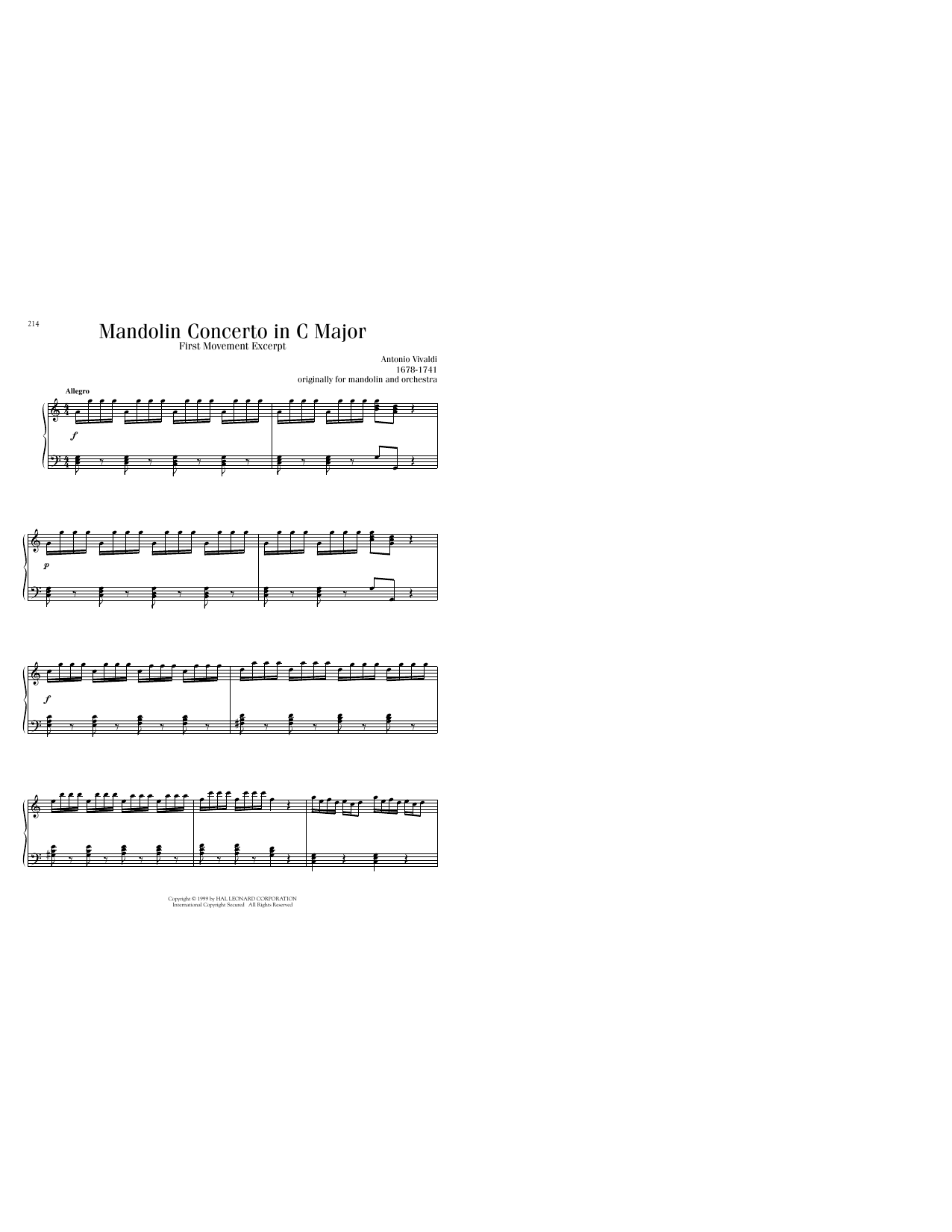 Antonio Vivaldi Mandolin Concerto in C Major sheet music notes and chords. Download Printable PDF.