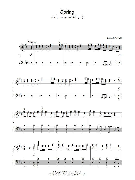 Antonio Vivaldi Spring (first movement: Allegro) sheet music notes and chords. Download Printable PDF.