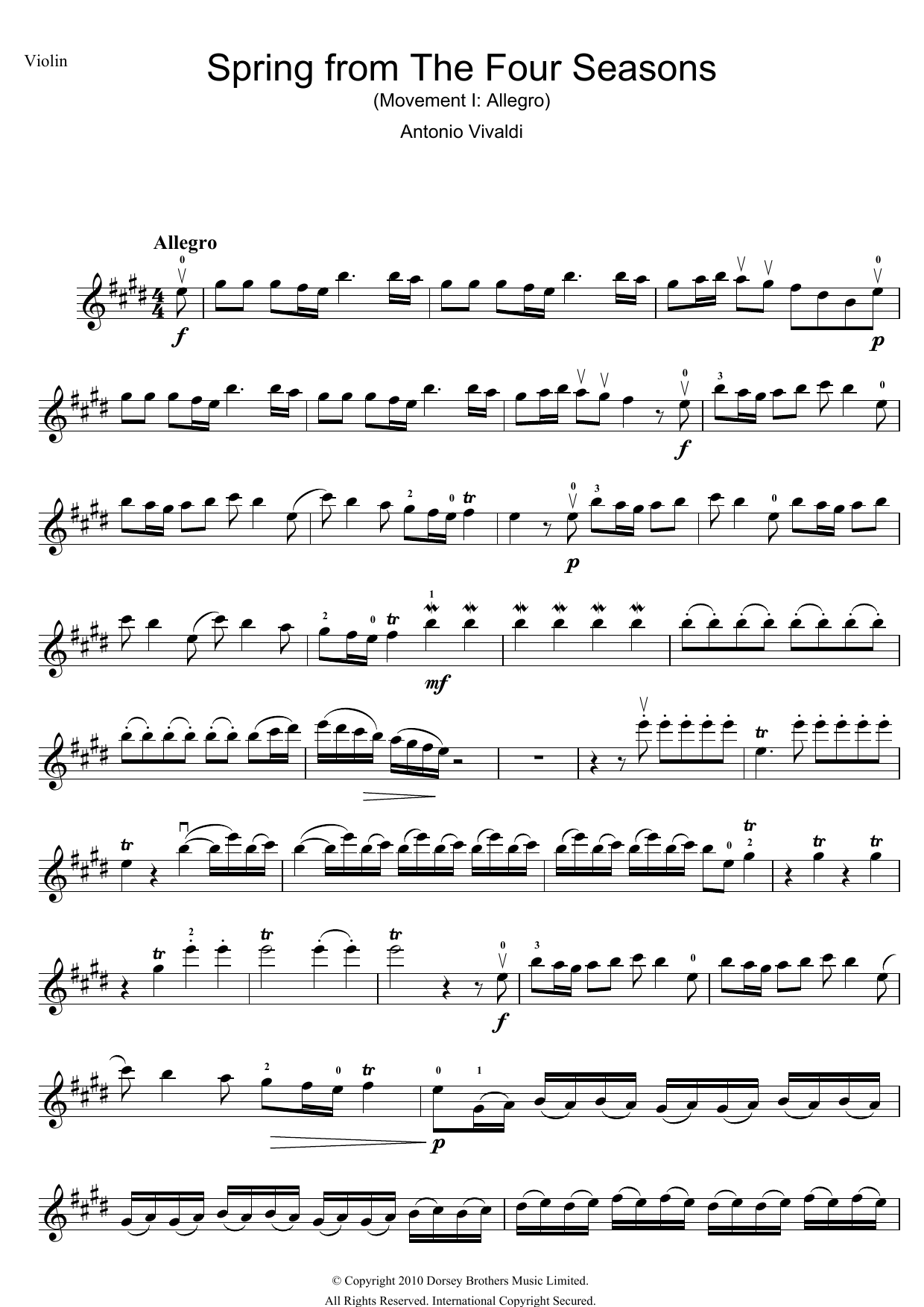 Antonio Vivaldi Spring (from The Four Seasons) sheet music notes and chords. Download Printable PDF.