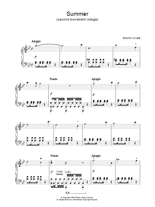 Antonio Vivaldi Summer (2nd Movement: Adagio) sheet music notes and chords arranged for Piano Solo