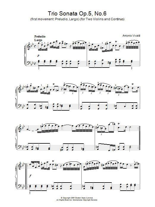 Antonio Vivaldi Trio Sonata Op.5, No.6 (1st Movement: Preludio, Largo) (for Two Violins and Continuo) sheet music notes and chords arranged for Piano Solo