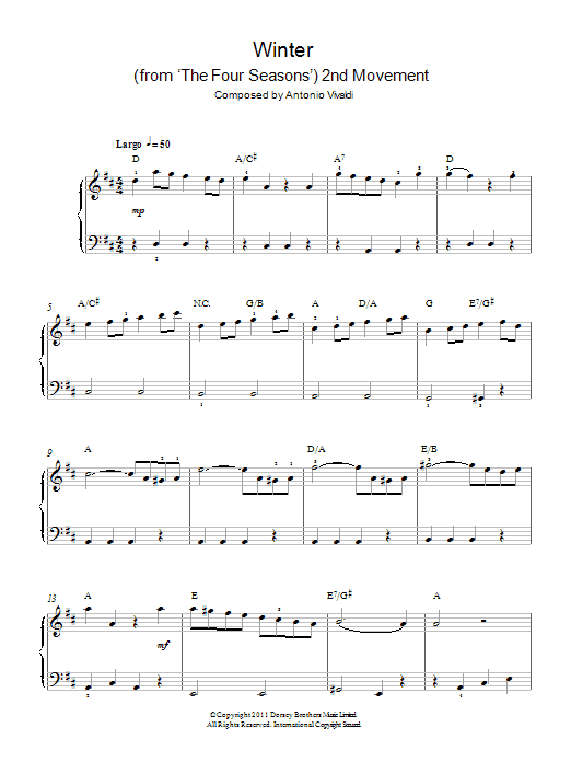 Antonio Vivaldi Winter from The Four Seasons (Second movement: Largo) sheet music notes and chords arranged for Easy Piano