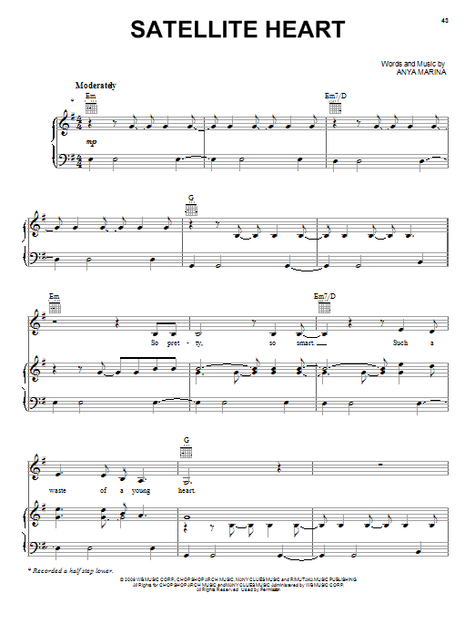 Learn to play Anya Marina Satellite Heart sheet music for Piano, Vocal & Guitar Chords (Right-Hand Melody) in minutes. Price: 7.8900$ Anya Marina Satellite Heart sheet music notes and chords arranged for Piano, Vocal & Guitar Chords (Right-Hand Melody)