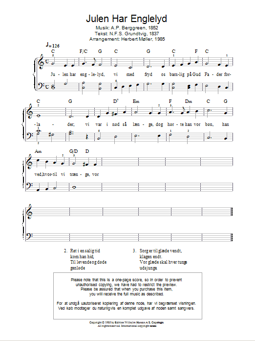 A.P. Berggreen Julen Har Englelyd sheet music notes and chords arranged for Piano Solo