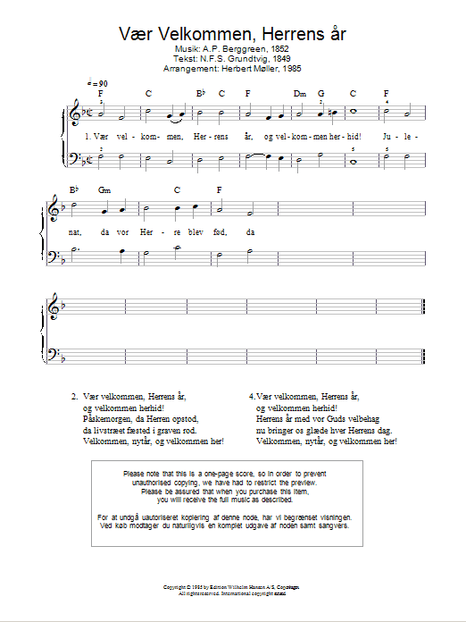 A.P. Berggreen Vær Velkommen, Herrens År sheet music notes and chords arranged for Piano Solo