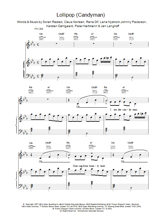 Aqua Lollipop (Candyman) sheet music notes and chords arranged for Piano, Vocal & Guitar Chords